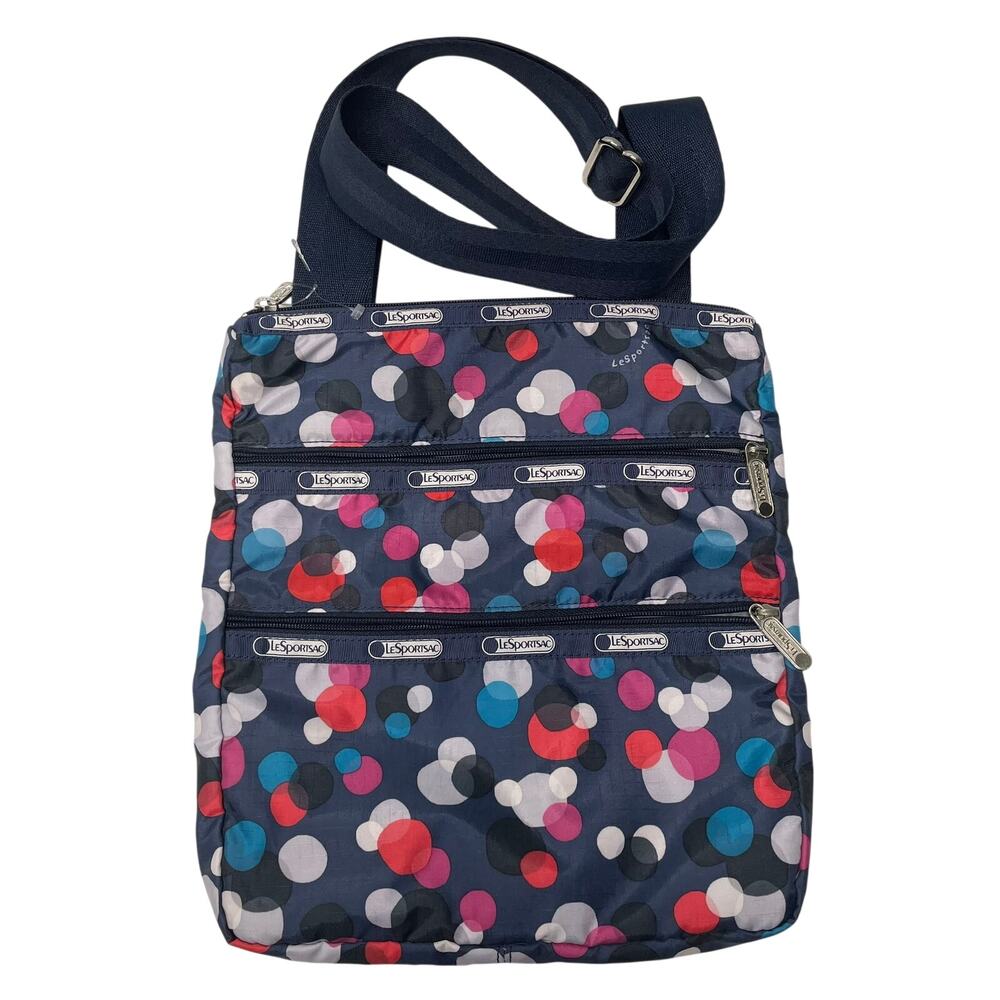 LeSportsac Navy Blue Multi Polka Dot 3 Zip Crossbody Bag Purse